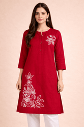 Floral Embroidered Red Cotton Kurta