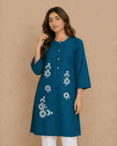 Daisy Floral Embroidered Cotton Kurta Blue