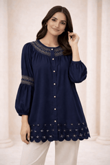 Navy Laser-Cut Embroidered Button-Down Tunic