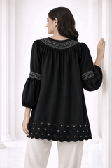 Black Laser-Cut Embroidered Button-Down Tunic