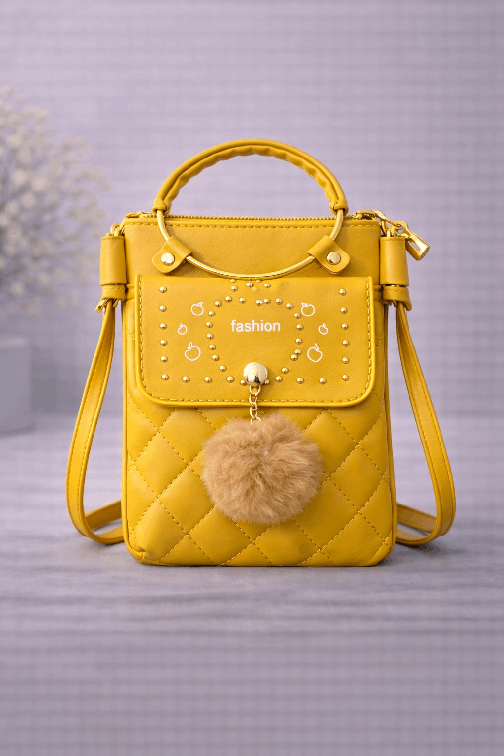 Quilted Vegan Leather Mini Crossbody Bag Mustard Yellow