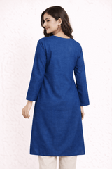 Floral Vine Embroidered Blue Cotton Kurta