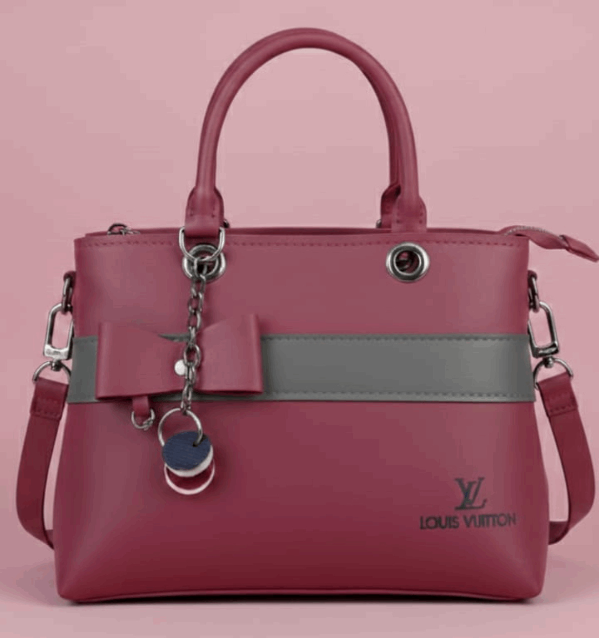Dual-Handle Crossbody Bag with Grey Stripe and Bow