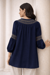 Navy Laser-Cut Embroidered Button-Down Tunic