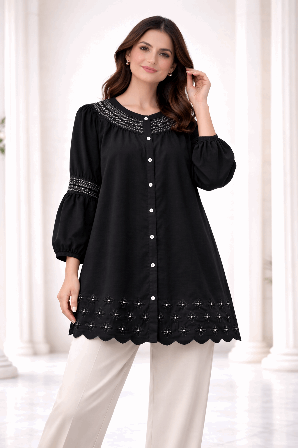 Black Laser-Cut Embroidered Button-Down Tunic