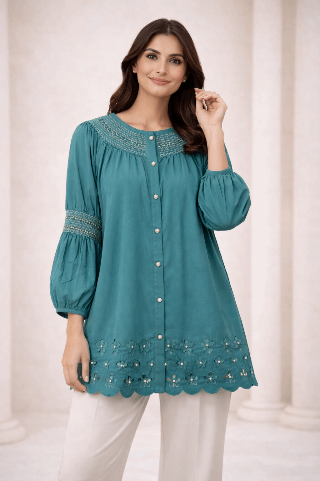 Teal Laser-Cut Embroidered Button-Down Tunic