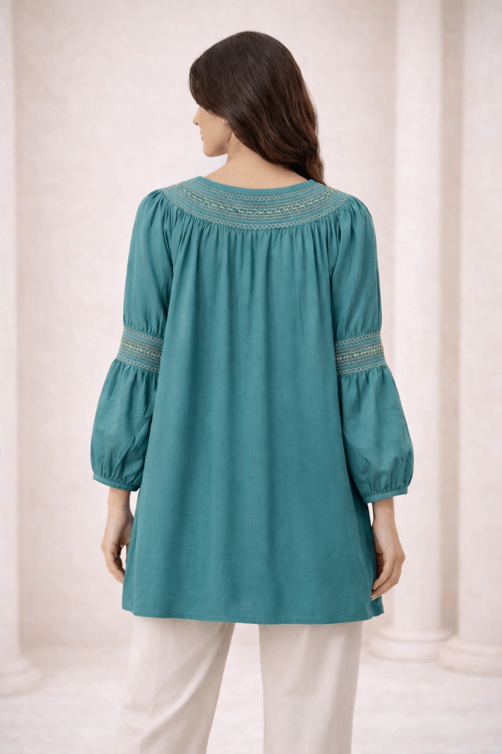 Teal Laser-Cut Embroidered Button-Down Tunic