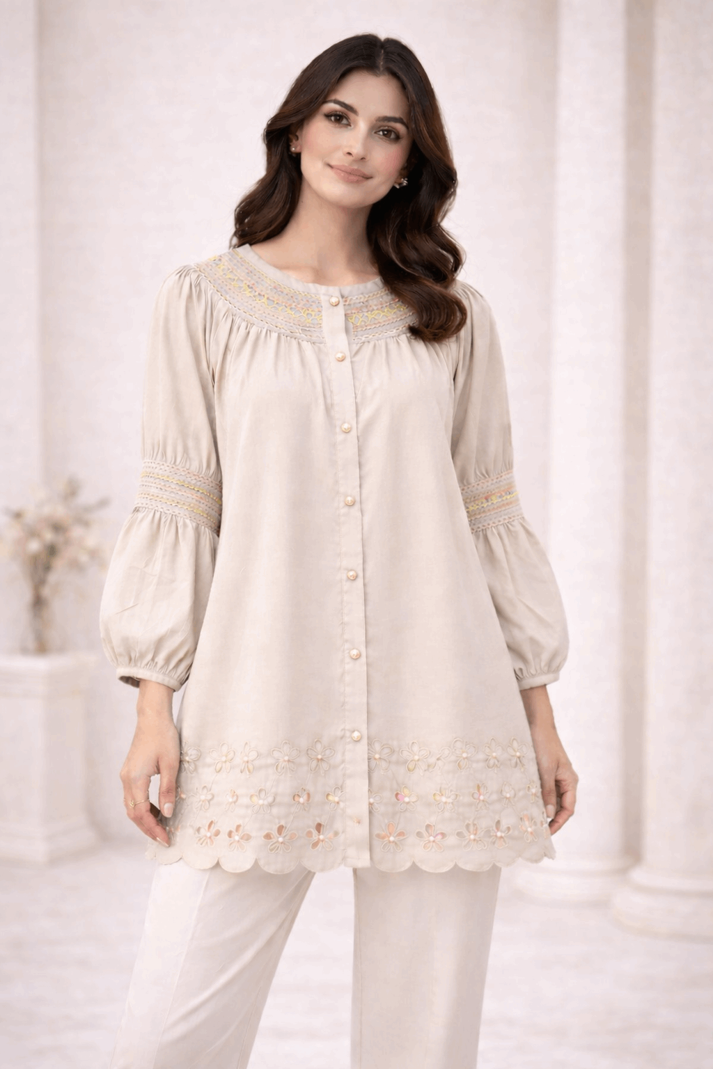 Light Beige Laser-Cut Embroidered Button-Down Tunic