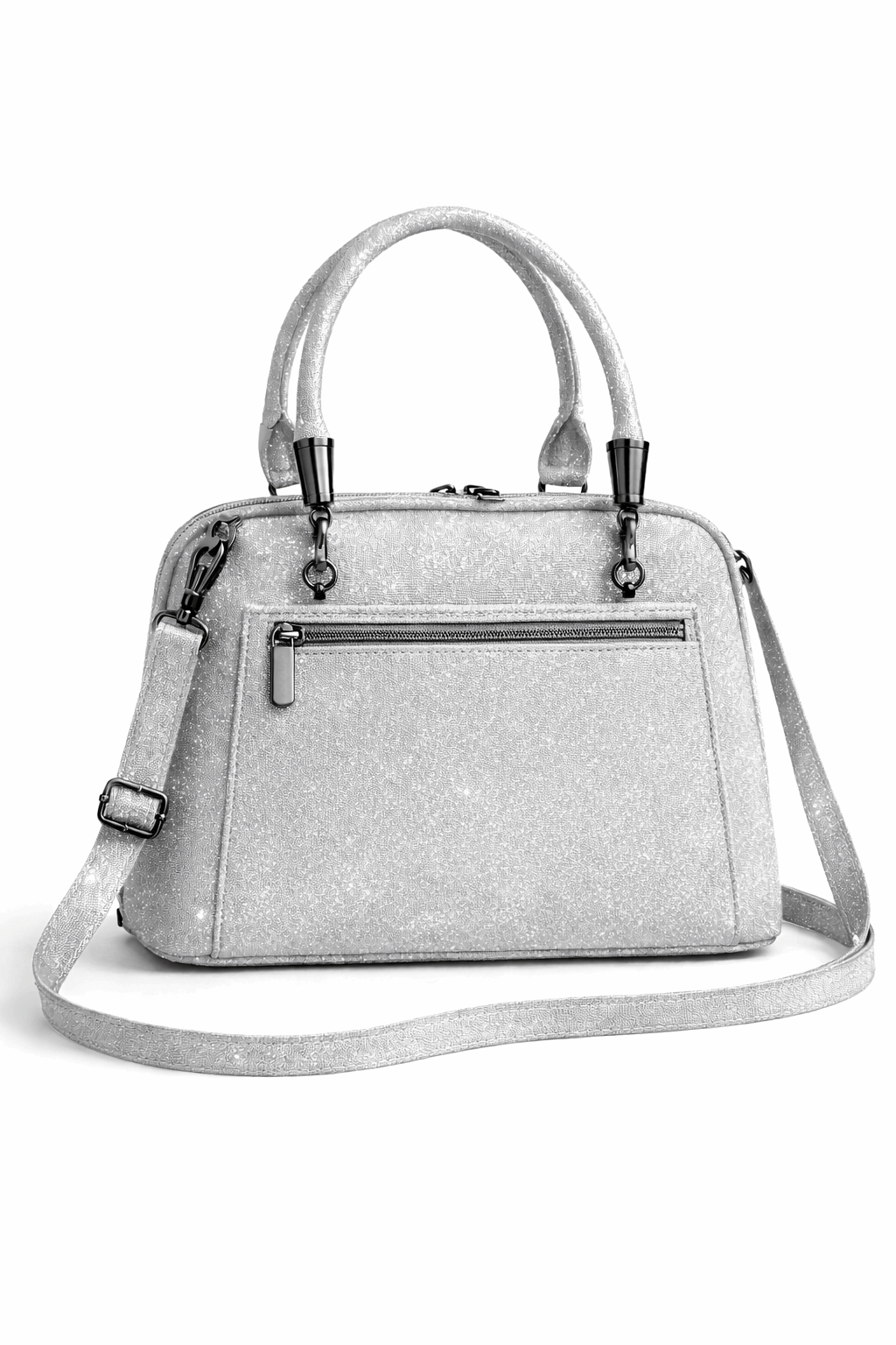 Elegant Shimmer Top-Handle Satchel Silver Grey
