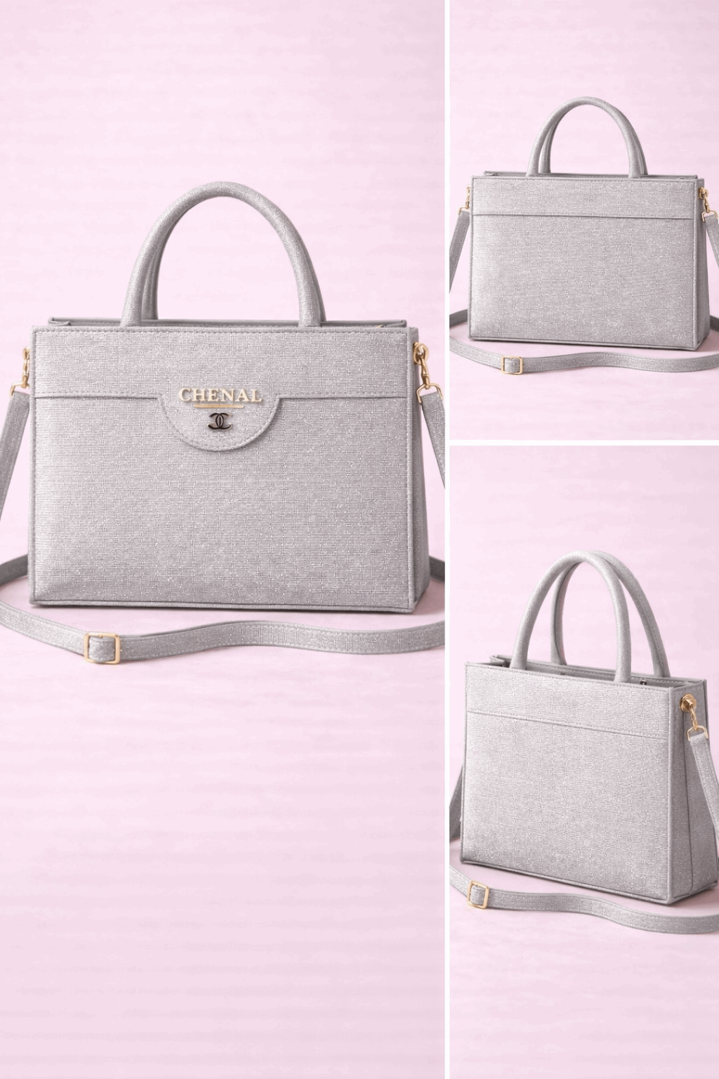 Silver Shimmer Square Satchel with Gold Hardware