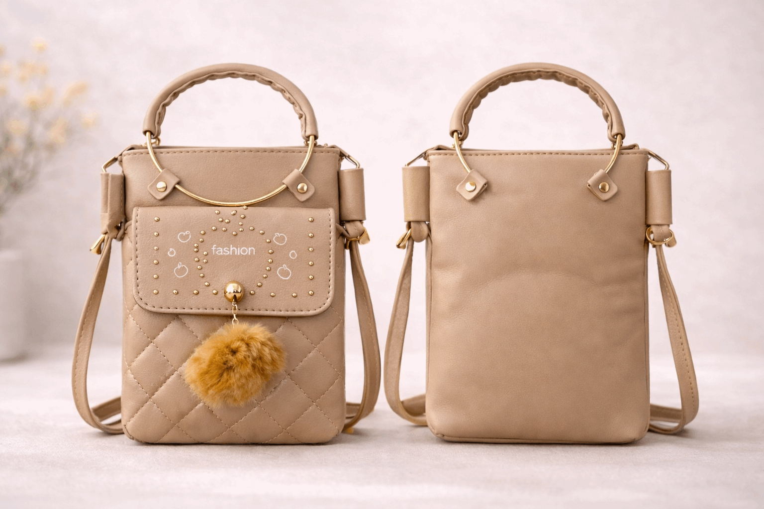 Quilted Vegan Leather Mini Crossbody Bag Beige