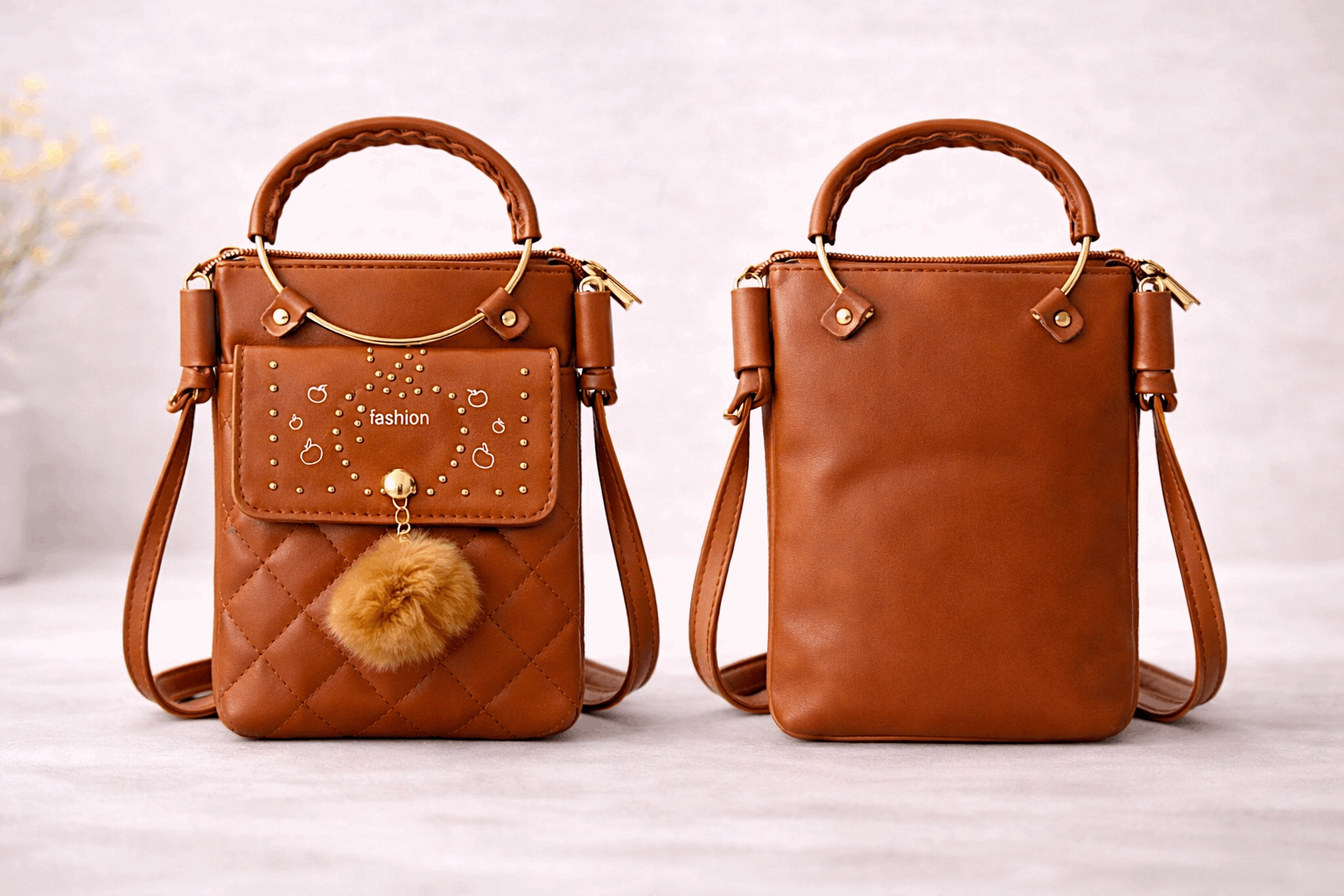 Quilted Vegan Leather Mini Crossbody Bag Brown