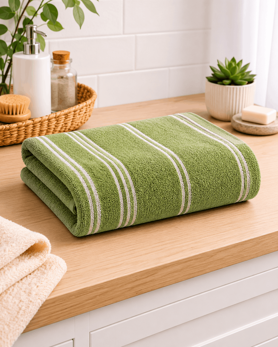 Classic Cotton Striped Bath Towel in Parrot Green