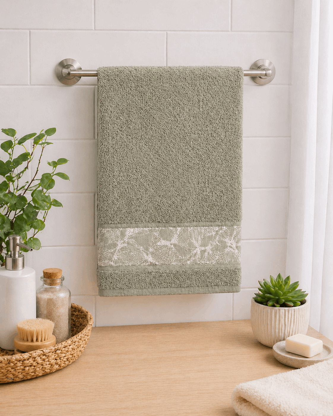 Premium Cotton Bath Towel with Botanical Border