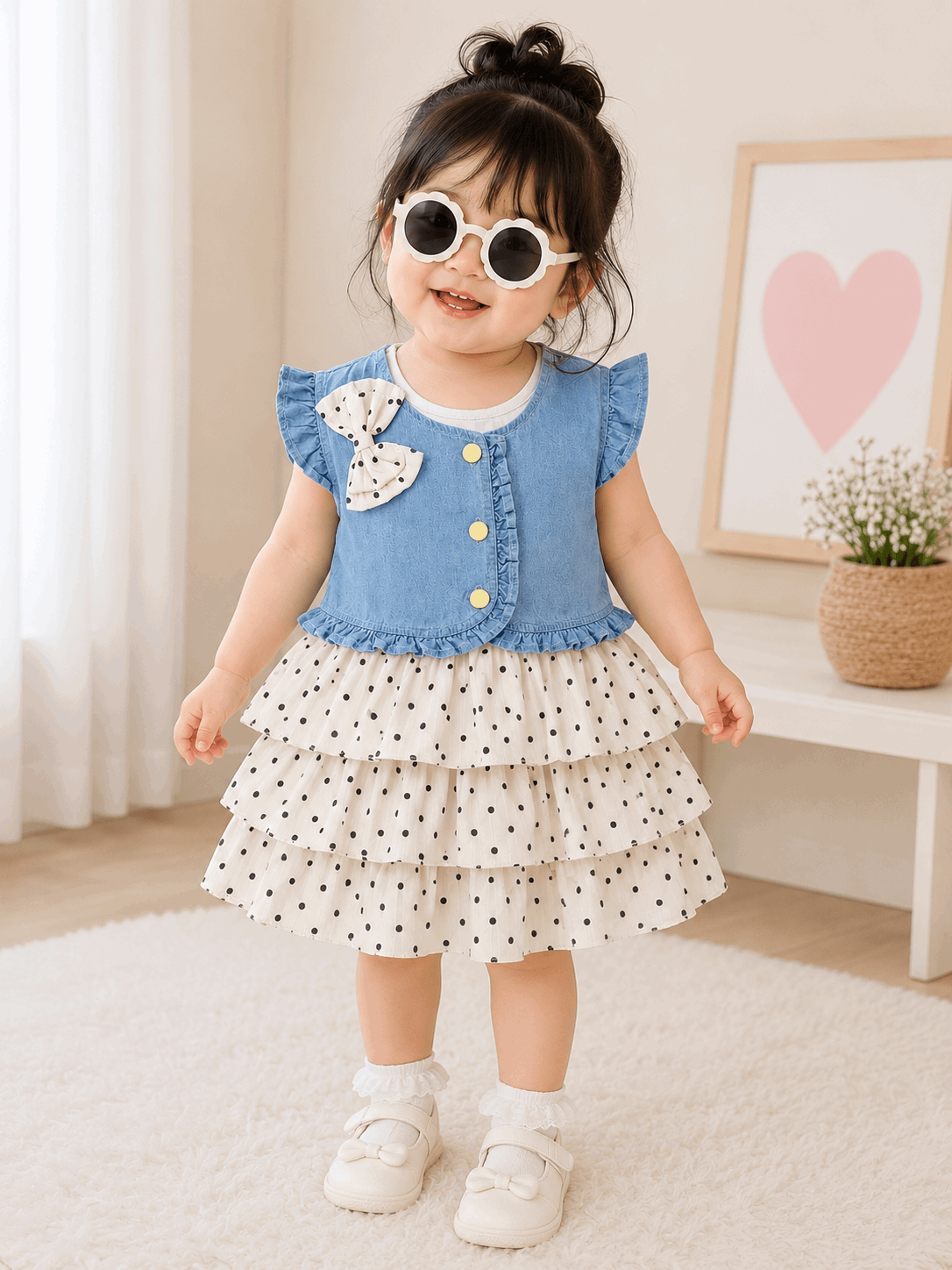 Girls Denim Jacket Dotted Frock